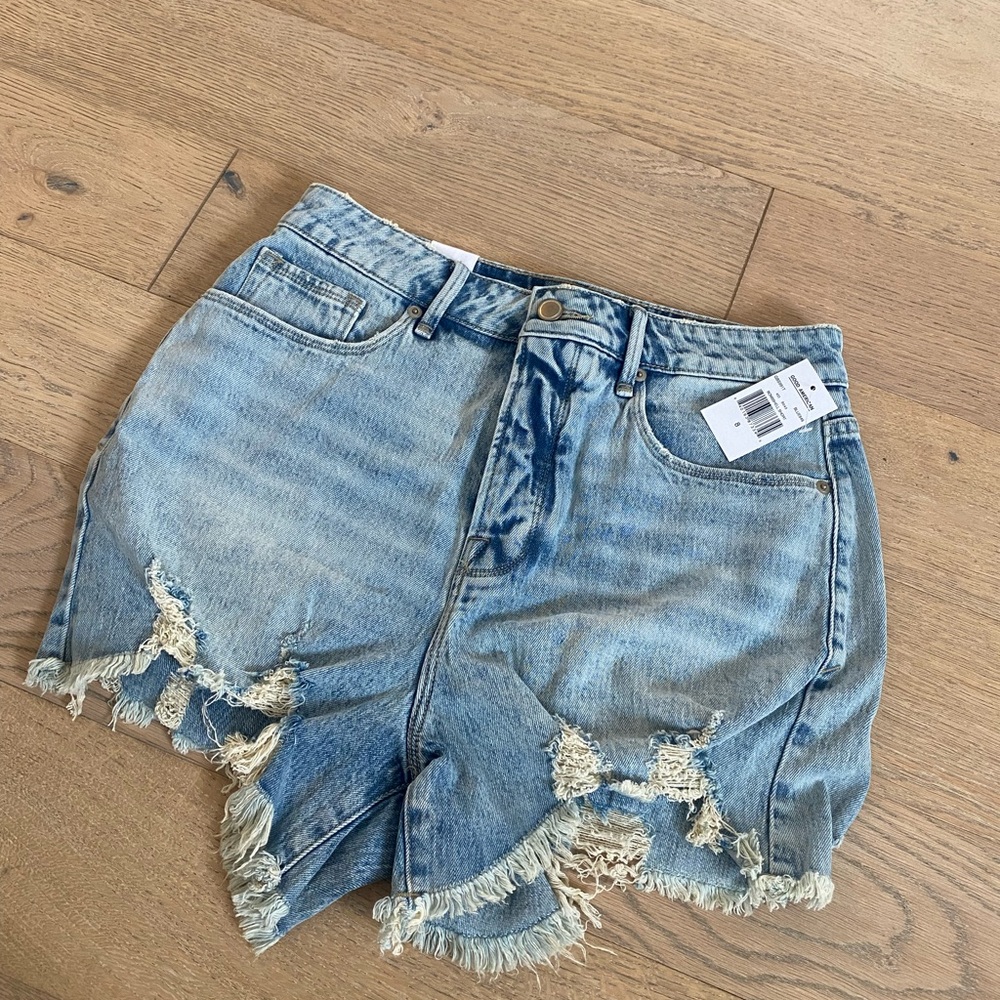 Good American Bombshell Short Light Blue Distressed Denim Jean Shorts